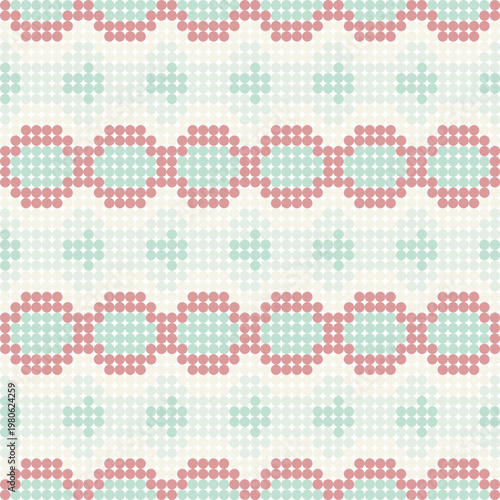 A pastel dotted seamless pattern creating wavy lines and diamond motifs in soft pink and mint green on a light background.