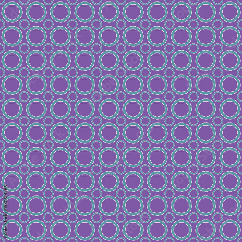 A seamless geometric pattern featuring repeating dashed teal rings evenly distributed on a solid purple background.