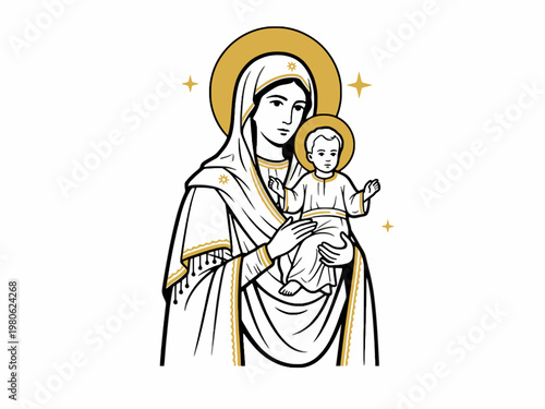 Virgin Mary Holding Baby Jesus Religious Line Art Illustration