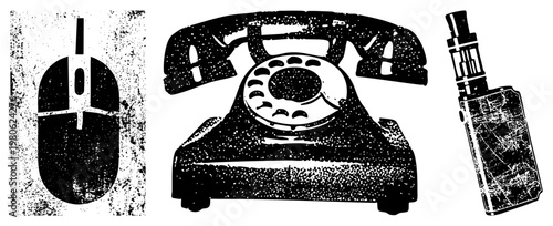 Retro rotary phone, modern computer mouse, and vape device rendered in gritty halftone vector art, digital nostalgia, tech evolution, vintage design, tech.