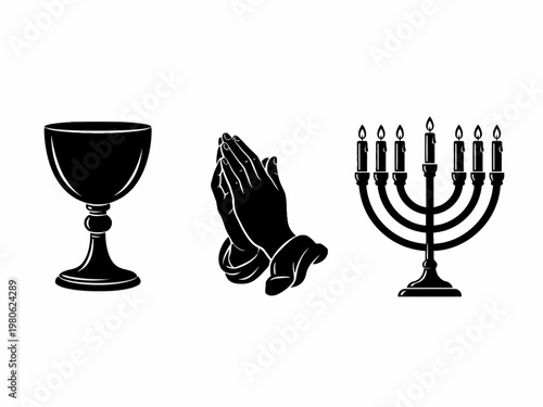 Religious Symbols Set Chalice Praying Hands and Menorah Candelabra