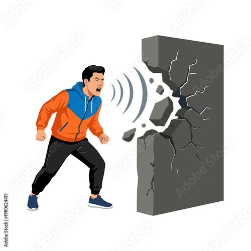 Man runs from cracking concrete wall with broken pieces flying off