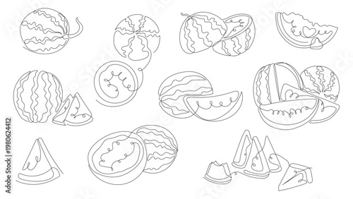 Minimalist one-line drawing collection of fresh watermelon fruit, halves, and wedges, fresh and healthy fruit concept
