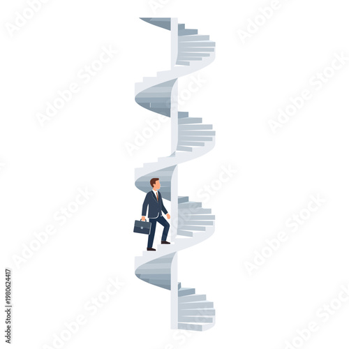 Businessman climbing multiple spiral staircases with briefcase