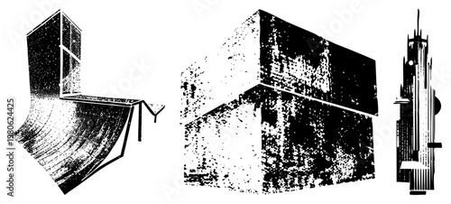 Three stylized architectural structures rendered in halftone, vector art, abstract buildings, graphic design elements, modernist shapes, black and white composition.