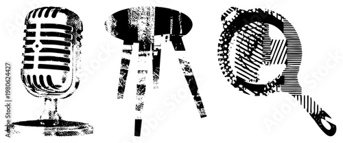 Retro microphone with grille, distressed stool, magnifying glass with textured lens, all in halftone style, isolated vector for design projects.