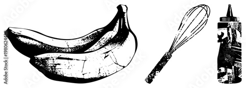 Vector graphic of banana, whisk, and squeeze bottle in halftone style, kitchen utensils, cooking tools, food prep, design.