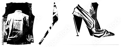 Fashion accessories rendered in stark black and white halftone, high heeled stiletto and formal shirt, graphic apparel and footwear, minimalist vector fashion illustration.