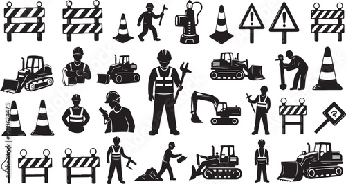 Construction site icons and workers in black and white