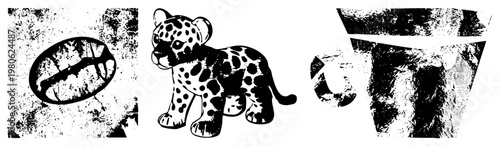 Grungy halftone coffee bean, spotted leopard cub, retro mug vector, isolated graphic elements, black and white design, stylized animal and beverage motifs.
