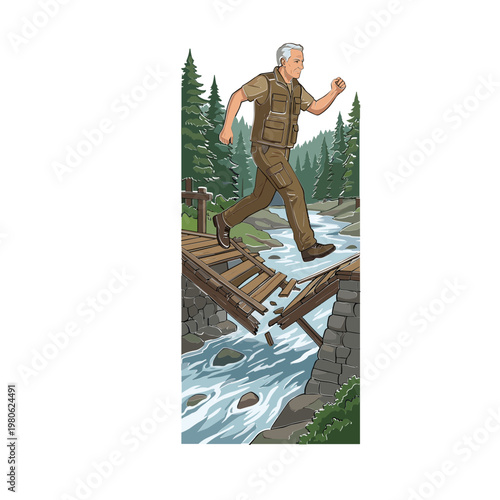 Man crosses rickety bridge over rushing river in forest with trees