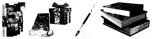 Retro camera with film reel, gift box with bow, paintbrush with bristles, stacked books with pages, grunge texture, artistic vector.