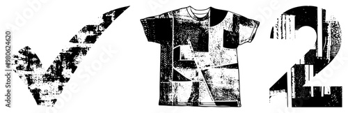 Bold symbols with distressed texture checkmark, t shirt graphic, numeral two. Urban street art, stencil design, vector illustration, high contrast visuals.