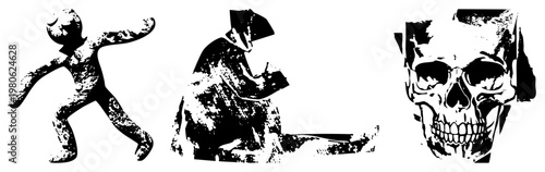 Graphic vector art featuring abstract dancer, seated scribe with quill, and textured skull halftone style, isolated elements for design use.