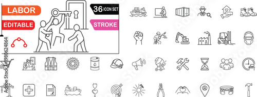 Labor, Construction and Industrial Line Art Icon Set, Worker Tools, Factory and Manufacturing Outline Vector Editable Stroke illustration