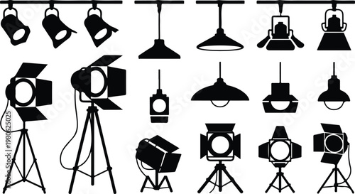 Lights of Entertainment: A striking array of various spotlights and stage lights illuminate with their silhouettes, showcasing the tools of the trade.