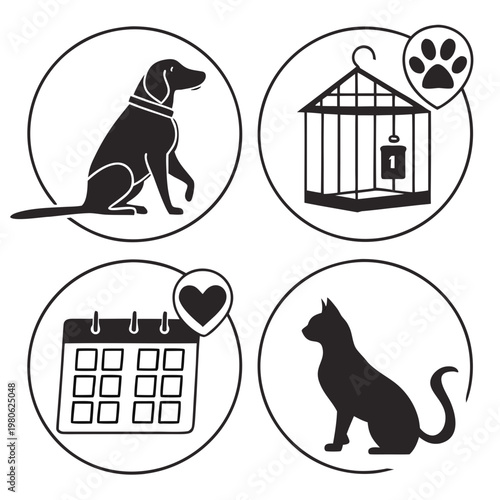 A set of four black and white vector icons featuring a dog, birdcage, calendar, and cat, all with a minimalist design style.