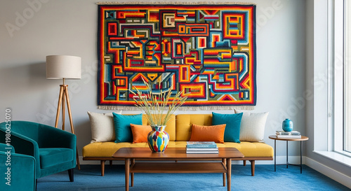 Colorful Abstract Tapestry Hanging Above Yellow Sofa in Blue Living Room vibrant
