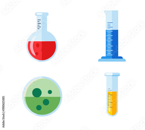 Laboratory Glassware Collection with Scientific Equipment including Round Bottom Flask, Graduated Cylinder, Petri Dish and Test Tube containing Colorful Liquid Chemical Samples for Research
