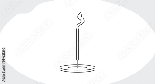 Line art illustration of an incense stick burning on a holder, emitting smoke, symbolizing relaxation, meditation, and aromatherapy for a calm environment.