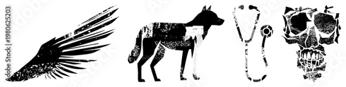 Distressed black vector raven wing, wolf, stethoscope, skull. Grunge texture,, symbolic, medical, animal, death motifs, graphic design elements.