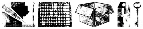 Classic calculation tool, medical injection device, shipping container, product label, ornate key all isolated vector with distressed texture. Historical and functional symbols.