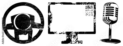 Retro microphone, computer monitor, camera, graphic, distressed texture, tech symbols, digital tools, flat vector design.