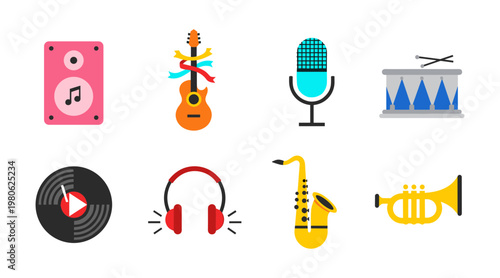 Music and Sound Equipment Icons featuring Speaker, Guitar, Microphone, Drums, Vinyl Record, Headphones and Brass Instruments for Audio Production, Concert Events and Musical Entertainment
