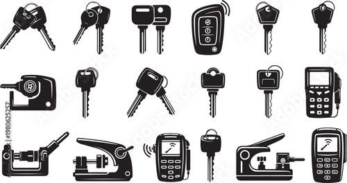Collection of various keys and mobile phones illustration set