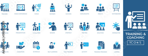 Training and Coaching solid icon set for mentor, learning, education, mentoring, meeting, conference, and symbol. Perfect icon collection.