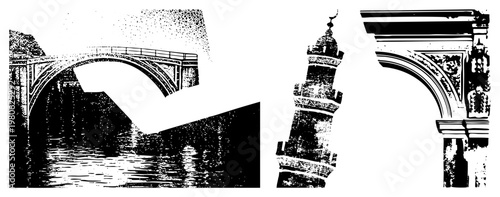 Vector halftone illustration of historic bridge, Islamic minaret, and classical arch, rendered in stippled black and white, architectural motifs, isolated design elements.