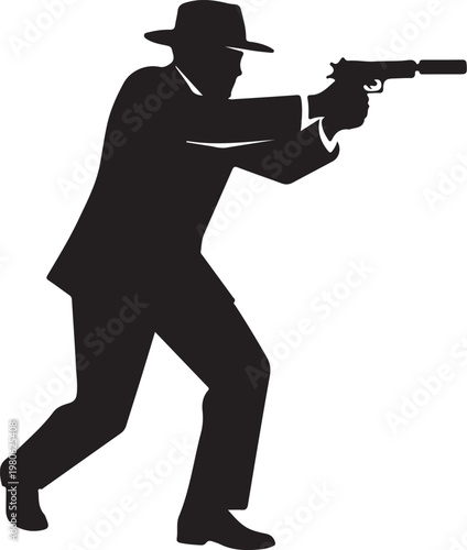 Black silhouette of man in suit and hat aiming revolver to right