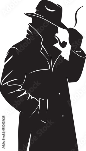 Black silhouette of man in trench coat smoking pipe