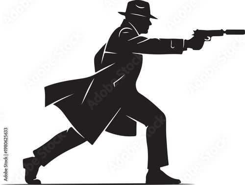 Black silhouette of man in trench coat and fedora holding gun