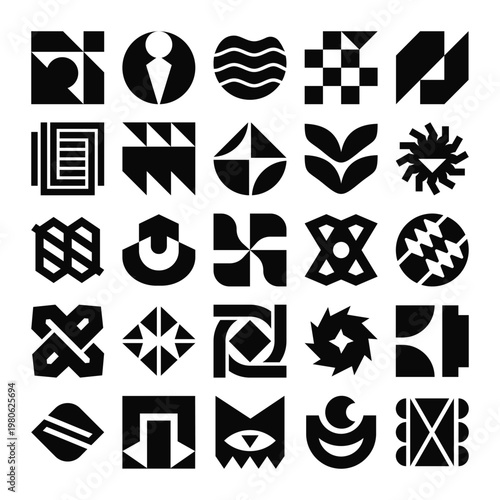 Geometric logo collection with bold black shapes and modern minimalist style	