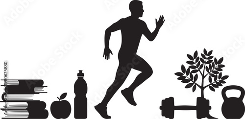 Black silhouette of man running with fitness and health symbols