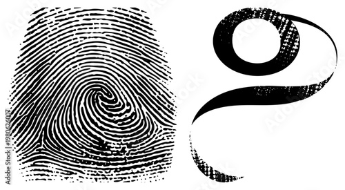 Biometric fingerprint and lowercase letter G, both rendered with halftone grit texture, vector graphic, isolated elements for design use.