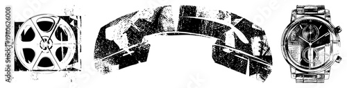 Stylized black and white vector film reel, curved phone receiver, wristwatch. Graphic design elements with halftone texture, isolated objects, technical illustration style.