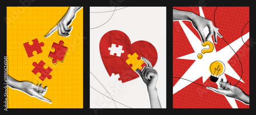 Trendy Halftone Collage Teamwork concept set of posters. Hands with puzzle pieces, lightbulb and question. Business connect, creative ideas and problem solving. Partnership relationship. Vector art