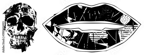 Stylized skull and lips revealing skeletal structure inside, black and white vector art, gothic illustration, horror aesthetic, anatomical motif.