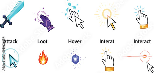 Game Interaction and Action Icons Illustration Set Featuring Attack Loot Hover Click Magic Effects UI Cartoon Collection