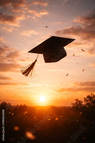 Graduation cap tossed in the air against a vibrant sunset, symbolizing achievement and new beginnings.
