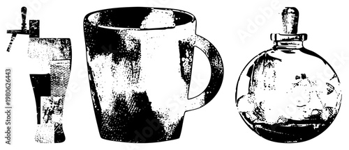 Retro beverage containers rendered in halftone, including a beer tap handle, ceramic mug, and rounded glass bottle, stylized with grainy texture and bold.