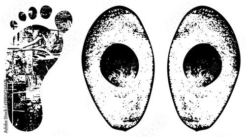 Stylized foot print and avocado halves with gritty texture, graphic, food, rustic design, halftone effect.