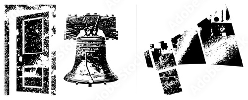 Stylized halftone vector graphics of door, bell, and fragmented buildings classic Americana motifs rendered in gritty black and white texture, ideal for retro or historical design contexts.