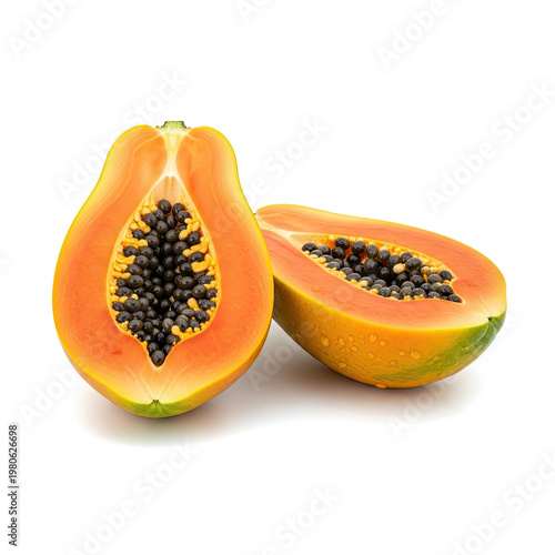 A halved papaya with seeds exposed on a white background