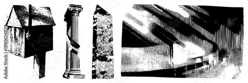 Black and white halftone render of classical column, house silhouette, textured slab, and abstract geometric shapes, vector graphic with dot shading.