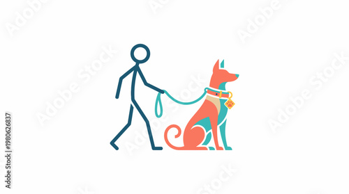 Minimalist Stick Figure Walking Dog on Leash