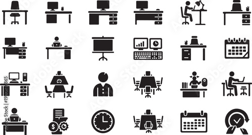 Office Work Icons and Productivity Symbols in Black and White