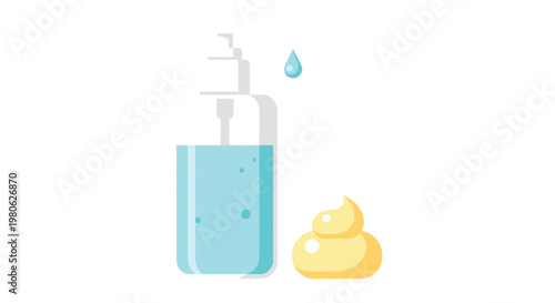 Dispensing pump bottle with a falling liquid drop and a dollop of foam, representing gentle cleansing, moisturizing, or foaming skincare products.